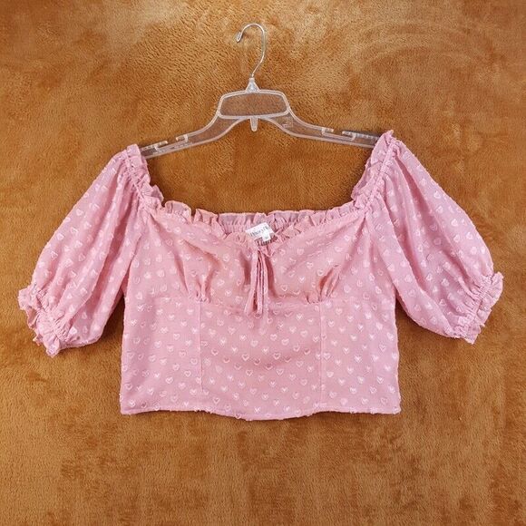 PRIVACY PLEASE Womens Top Medium Pink Off Shoulder Hearts Swiss Dot CELINE - Picture 2 of 7